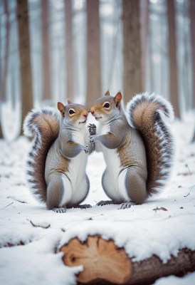 Squirrels face-to-face in winter forest