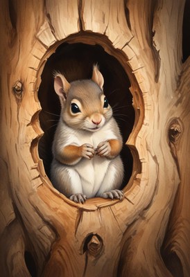 Squirrel peeking from tree hollow