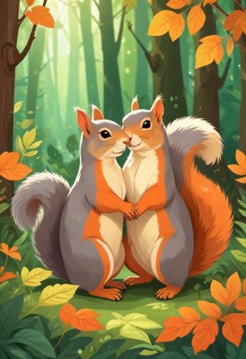 Two squirrels hugging in forest