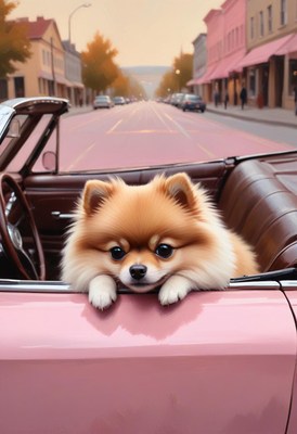 Pomeranian dog rides in convertible