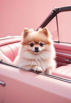 Pomeranian dog riding in pink convertible