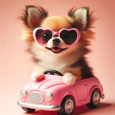 Chihuahua driving pink toy car