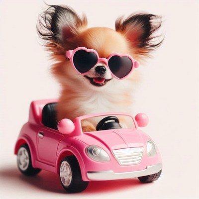 Chihuahua driving pink toy car