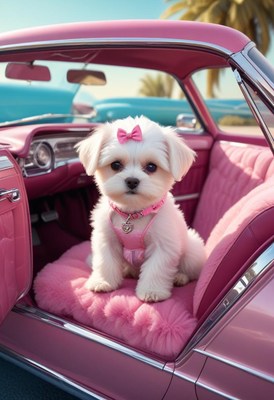 White dog in pink car