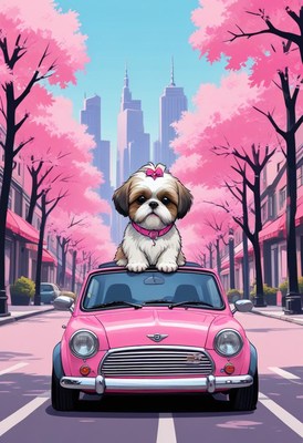 Shih tzu riding in pink car