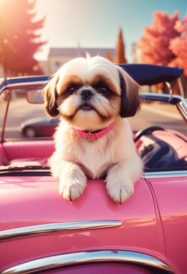 Shih tzu dog riding in pink convertible