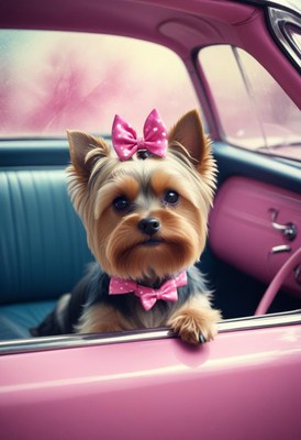 Yorkshire terrier in pink car