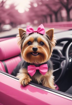 Yorkshire terrier in pink convertible