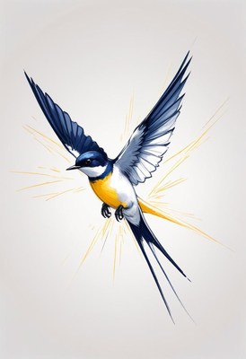 Blue and yellow bird in flight