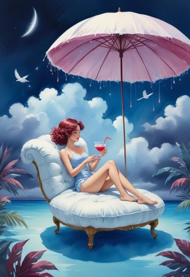 Woman relaxing under umbrella at night