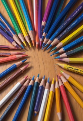 Colored pencils arranged in a circle on wood