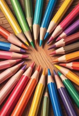Colored pencils arranged in circle on wood