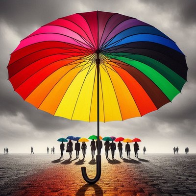 Rainbow umbrella over people