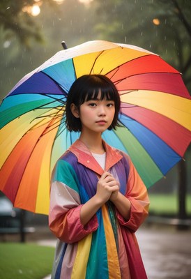 Girl with rainbow umbrella in rain