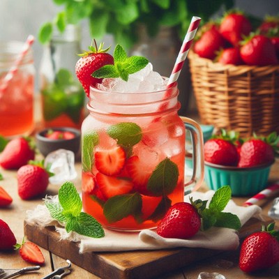 Strawberry mint iced drink on wooden table