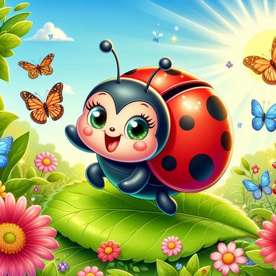 Happy ladybug in a sunny garden