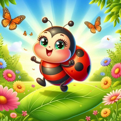 Happy ladybug walking on leaf