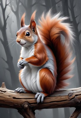 Red squirrel on branch in forest