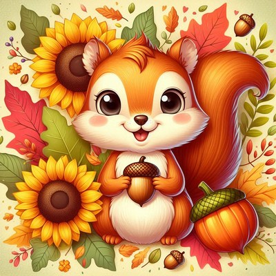 Cute squirrel with autumn flowers