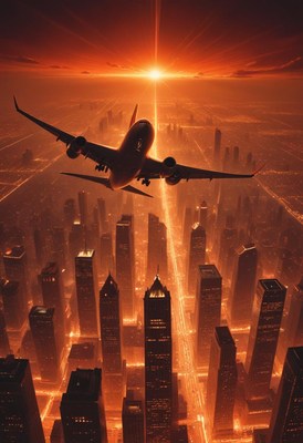 Airplane taking off over city at sunset