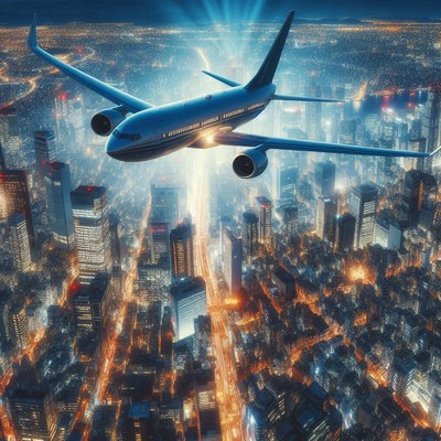 Airplane flying over nighttime city