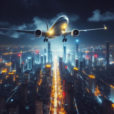 Airplane taking off over nighttime city