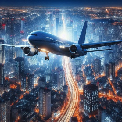 Airplane flying over city at night