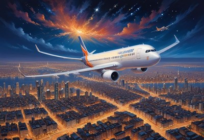 Airplane flying over city at night