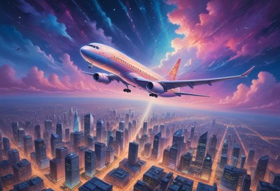 Airplane flying over city at dusk