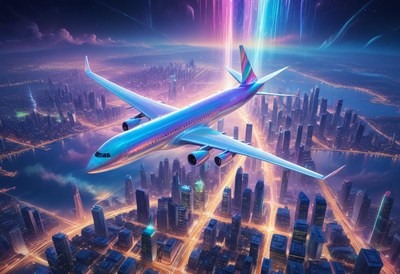 Airplane flying over city at dusk