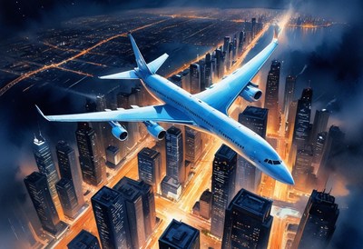 Airplane flying over city at night