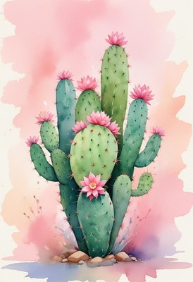 Watercolor cactus blooming in pink