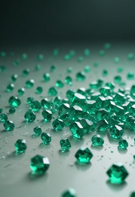 Emerald gemstones scattered on white surface