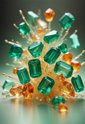 Emerald and topaz gemstones on gold display