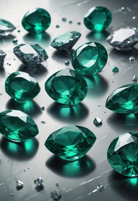 Emerald gemstones on silver surface