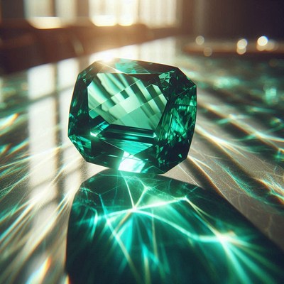Emerald gemstone on reflective surface