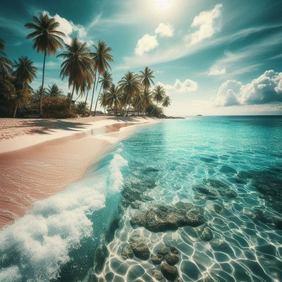 Tropical beach scene with palm trees