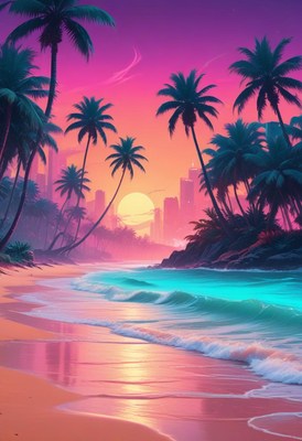 Sunset beach scene with palm trees and city skyline