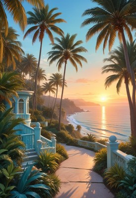 Sunset view from palm-lined path