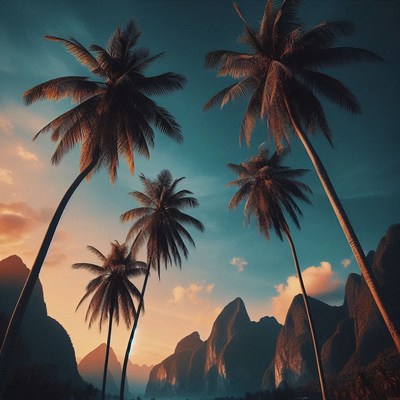 Palm trees against sunset mountains