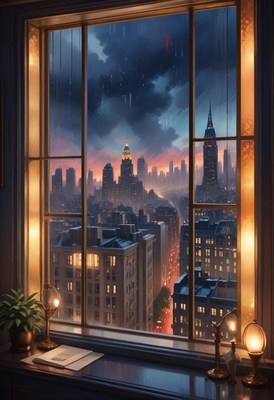 Rainy cityscape view from window