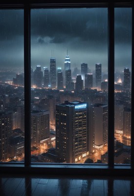 Rainy night view of city skyline