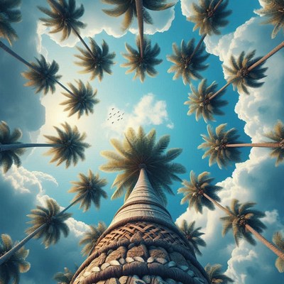 Palm trees surround stone structure