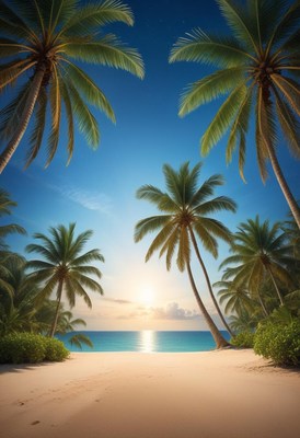 Palm trees framing tropical sunset