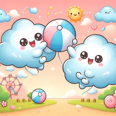 Cute clouds play with beach ball