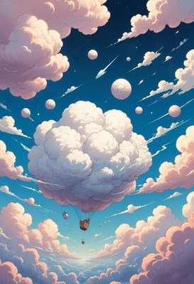 Hot air balloon flight through clouds