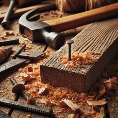 Hammered nail in wood