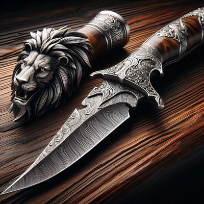 Ornate lion head knife on wood