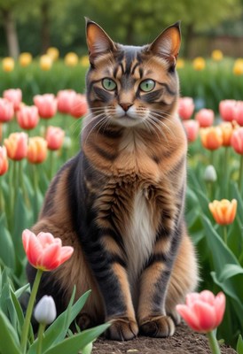 Tabby cat sitting in tulip garden