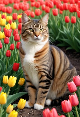 Tabby cat among tulips